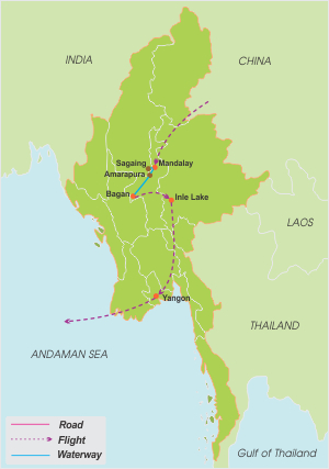 Amazing Myanmar Honeymoon 10 – Days map