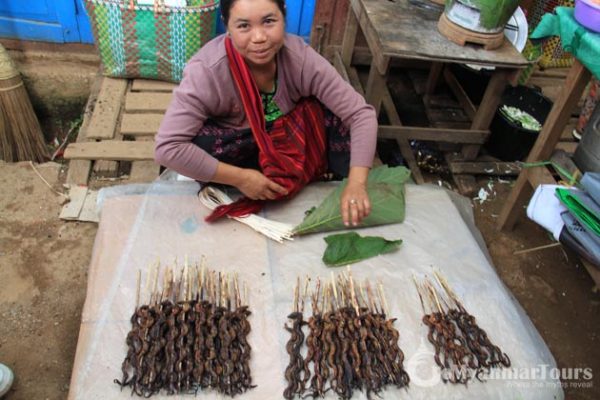 Burmese lady selling dried ills
