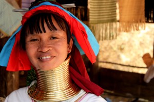 Ethnic woman in Myanmar wearing brass coils around their necks.