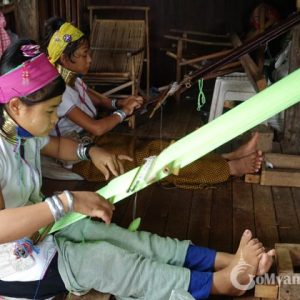 Long neck young ladies weaving in Inle Lake