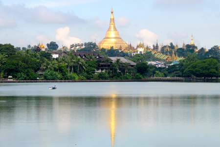 Panoramic view of Shwedagon Pagoda from Kandawgyi Lake.