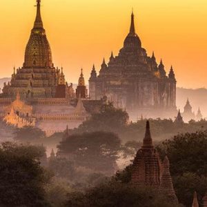 the ancient temples of bagan in sunset time