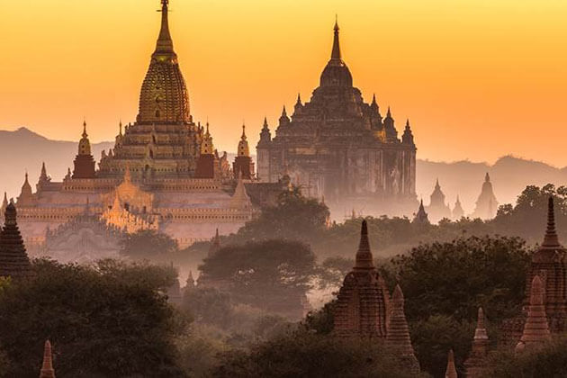 the ancient temples of bagan in sunset time