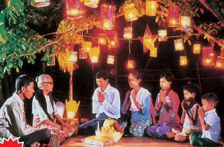 3 generations of a Myanmar Family in Full Moon Festival Waso.
