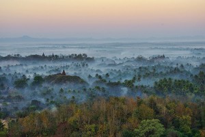 Mingalar Man Aung Pagoda among the fog of mysterious Mrauk U