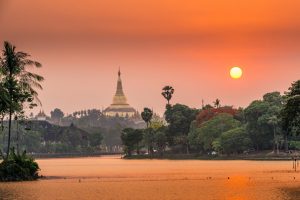 Sunset over Shwedagon Pagoda - view from Kandawgyi Lake
