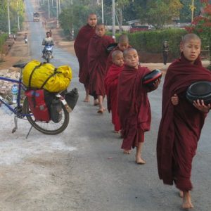 Little monks walking downtown for alms giving, Ywa Ngan