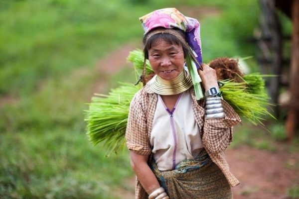 Hill tribal lady with long neck after field time in Loikaw