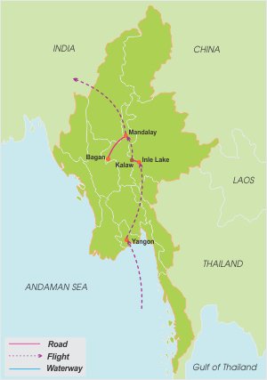 Myanmar Family Adventure Tour – 14 Days map