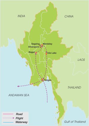 Myanmar Family with Nature & Culture – 11 Days map