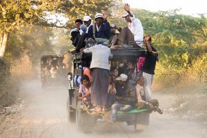 A loaded truck on dusty road in Bagan