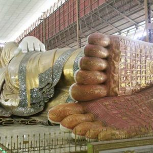 The massive reclining Buddha statue in Chauk Htat Gyi Pagoda