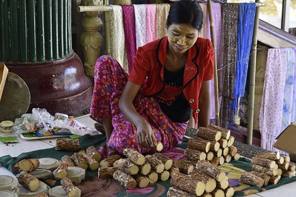 A Burmese woman sells thanakha in the market of Pakokku