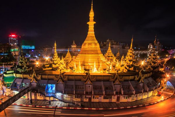 Sule Pagoda-a dramatic golden 44 meters tall stupa which is over 2500-year-old