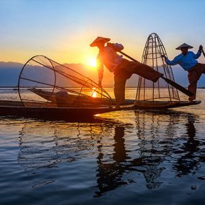 Inle lake scenery and leg rowing fishermen