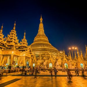 Shwedagon pagoda lit up in the evening