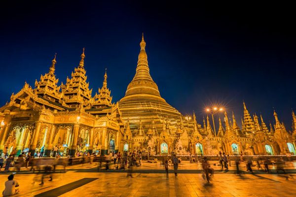 Shwedagon pagoda lit up in the evening