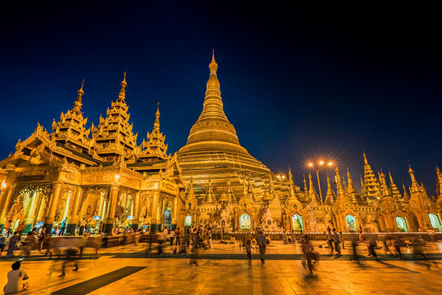 Shwedagon pagoda lit up in the evening
