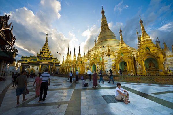 shwedagon pagoda glittering in sunset time