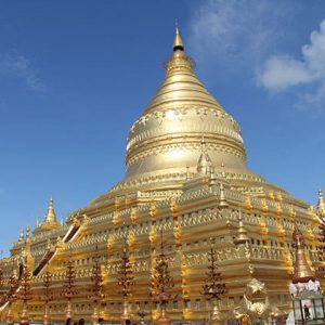 the golden shwezigon pagoda is one of the most important pilgrimage sites in Myanmar