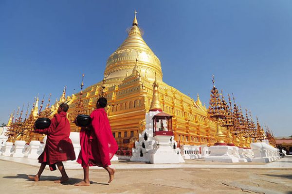 shwezigon pagoda famous for its fasinating gold-leaf decorations